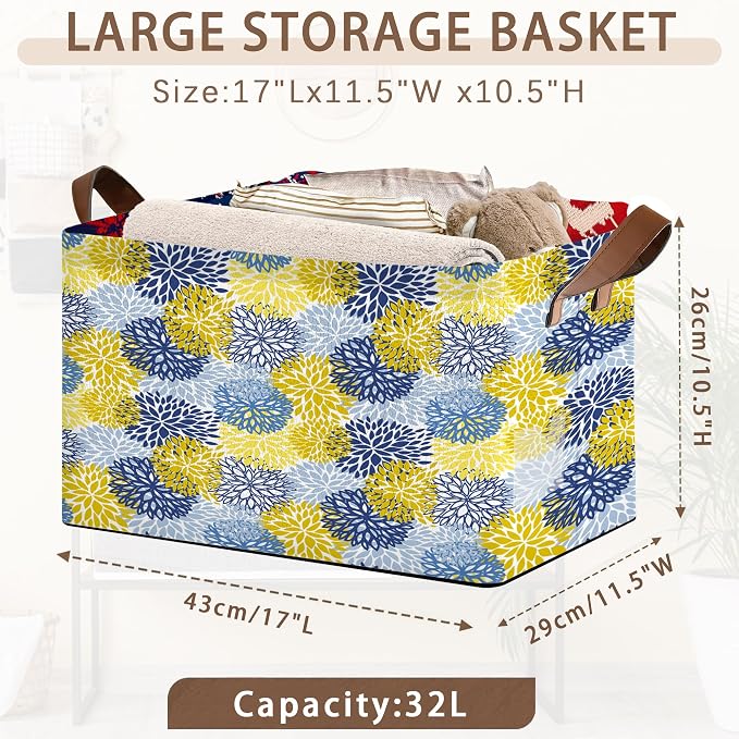 Floral Chrysanthemum Storage Basket Large 17x11.5x10.5 Inche-Collapsible Fabric Organizer Bin with Handles for Seasonal Decor,Living Room,Porch-Decorative Hamper with Elegant Blossom Pattern-1 Pack