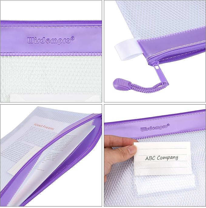 Wisdompro Zipper Pouch, 4 Pack Waterproof Mesh File Bag, Document Organizer | 13.3x9.8", Letter Size Mesh Bag with Outer Label Pocket, Durable, Perfect for File, Paper, Office, School, Purple/Yellow