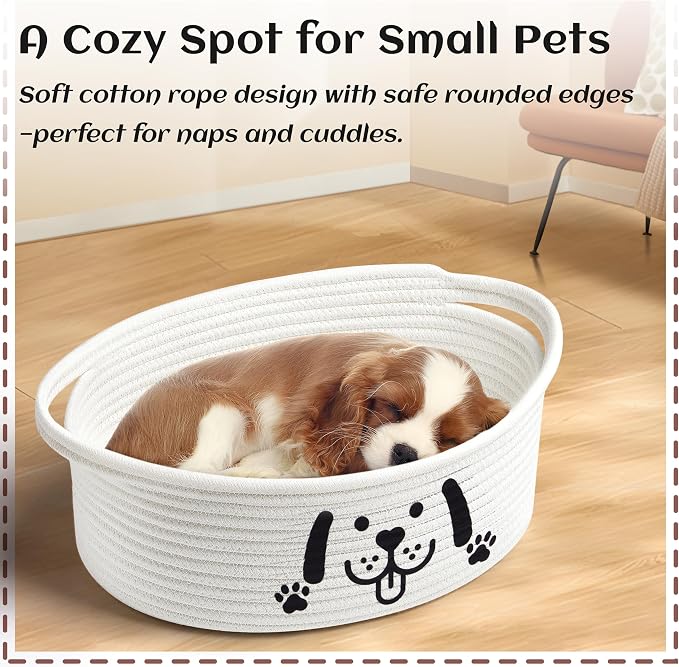 Bufims Small Woven Dog Gifts Basket for Storage Empty Dog Toy Bins Organizer with Ribbons and Bags Durable Cute Pet Gifts 12"X 8" X 5" Small Rope Basket for Gifting