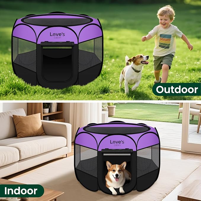 Love's cabin Pet Puppy Dog Playpen, Small Dog Tent Crates Cage Indoor/Outdoor, Portable Playpen for Cat, Foldable Pop Up Dog Kennel Playpen with Carring Case, Removable Zipper Top, Purple