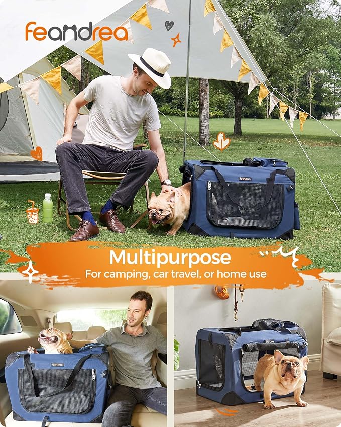 Feandrea Collapsible Soft Dog Crate, Portable Travel, 24 Inches | Dog Carrier Kennel with Safety Zippers for Living Room, Car, Travelling, Dark Blue UPDC60Z