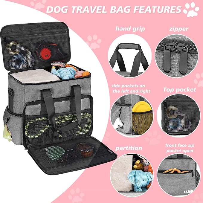 Dog Travel Bag, Large Pet Travel Set with Multi-Function Pockets | 2 Food Storage Containers, 2 Collapsible Bowls, 1 Feeding Mat for Pet Supplies, Road Trip Essentials, Weekend Camping, Grey