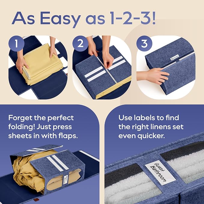 8x Bed Sheet Organizer Storage Boxes with Big See-Through Windows | Bedsheet Organizers Redesigned. Robust Bed Sheet Storage |15x13x5 Inches Sheet Organizers Containers (Denim)