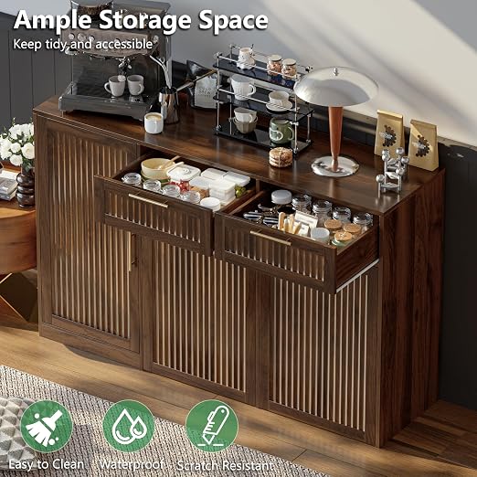Double 13 Gallon Pull Out Trash Can Cabinet with Storage Cabinet,Walnut | Pet Proof Hidden Garbage Can Cabinet,3-Tier Shelves,Fluted Design,Extra Drawer Space,Kitchen & Dining Room Organization