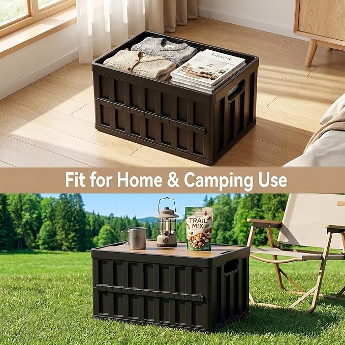 VIMI 50L Collapsible Storage Bins with Lids Stackable Utility Crates with Handles Plastic Large Folding Containers for Organizing Tools,Books,Food,Drinks,Camping&Transport (Black-3 Pack)