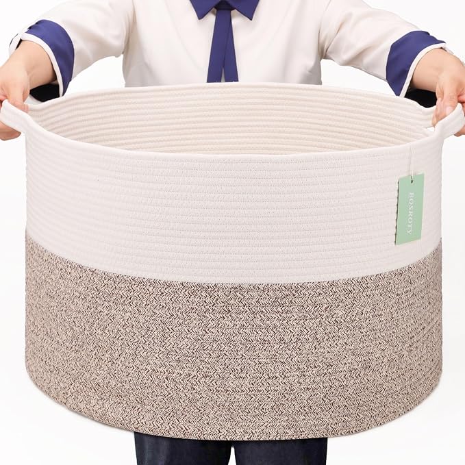 Large Cotton Rope Blanket Basket, 87L Laundry Hamper, White & Brown