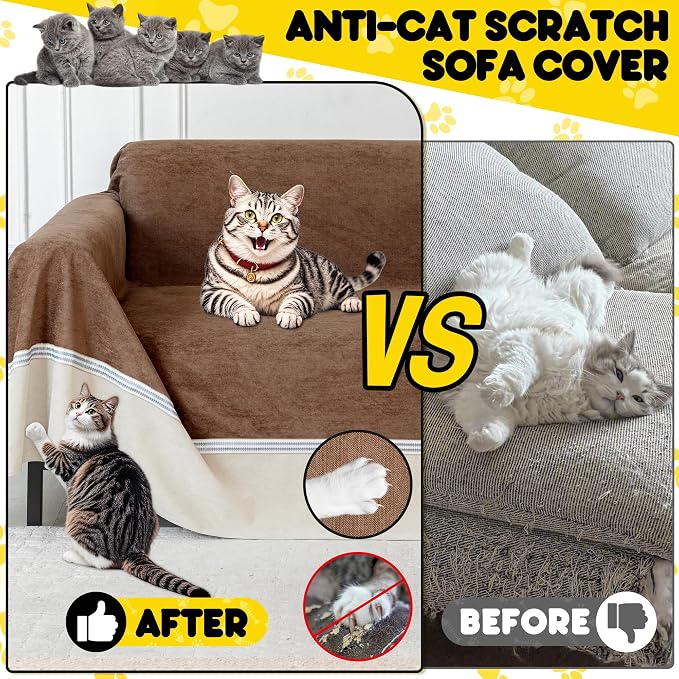 Loiion Cat Scratch Proof Furniture Protector Waterproof Sofa Cover 150"x91" | Pet-Friendly Couch Protector, Anti-Scratch & Anti-Slip Sofa Cover For Cats Dogs Kids, Machine Washable