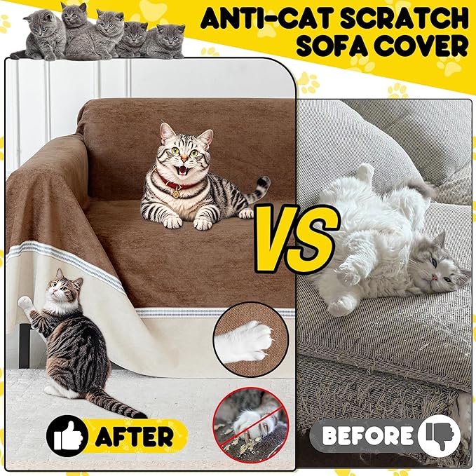 Loiion Cat Scratch Proof Furniture Protector Waterproof Sofa Cover 118"x91" | Pet-Friendly Couch Protector, Anti-Scratch & Anti-Slip Sofa Cover For Cats Dogs Kids, Machine Washable