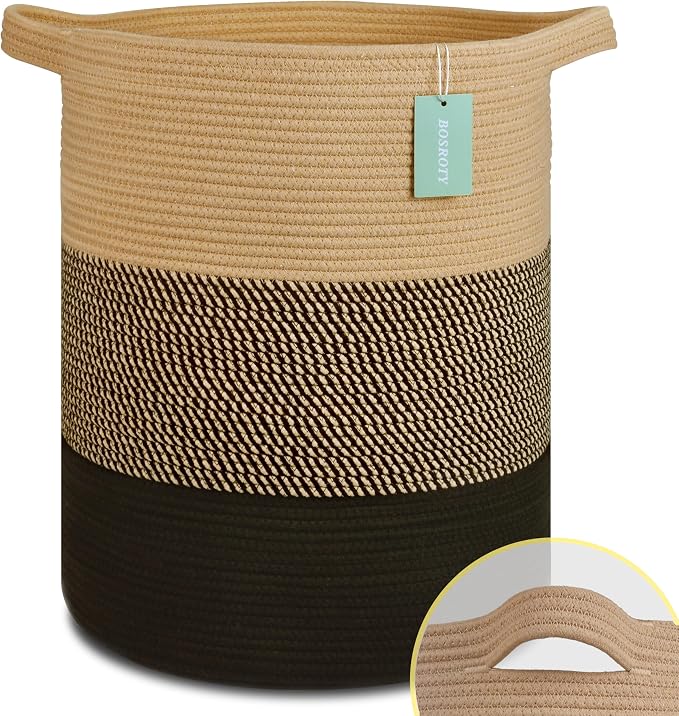 Cotton Rope Blanket Basket, 72L Tall Laundry Hamper, Brown & Black