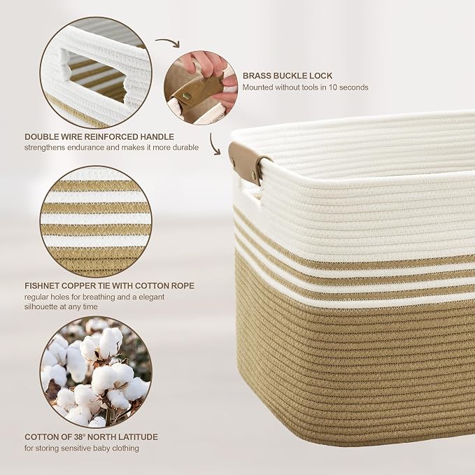 86L Large Woven Laundry Basket Hamper with Leather Handles,Khaki | collapsible wicker hamper, storage for dirty clothes, toys, blankets, gifts, living room, bedroom, bathroom, 24"x16"x14"