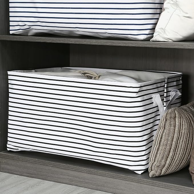 Hinwo 102L XXL Canvas Storage Bin with Lid and Handles, 2-Pack | Collapsible Fabric Baskets, Closet Shelf Organizers, Containers for Clothing, Blankets, Toys, Bedding (Black Stripe)