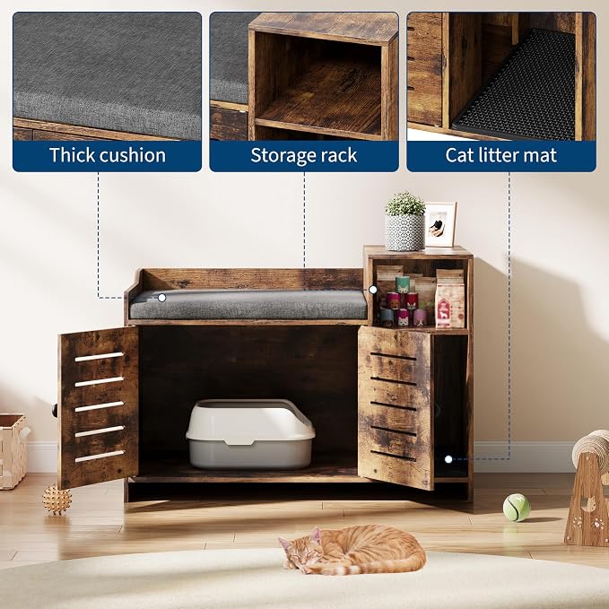 Cat Litter Box Enclosures, Large Hidden Cat Litter Box Furniture with Double Door, Wooden End Table Litter Box Cabinet with Storage Shelf, Cushion & Litter Mat, Dog Proof Design, Modern Cat House