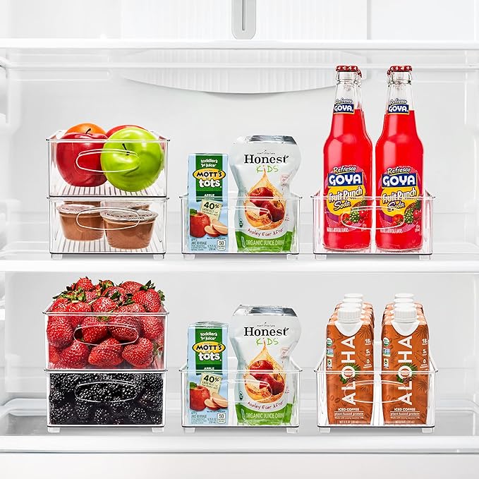Sorbus Fridge Organizers and Storage, Clear Stackable Bins (Medium, 4 Pack) | Built-in grips support easy access and transport; plastic containers organize food in freezers, drawers and countertops.