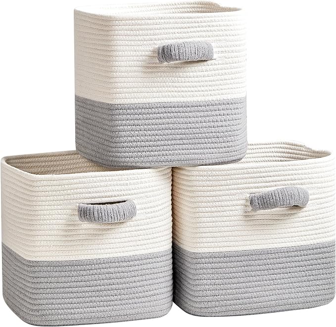 R RUNKA Storage Cube Baskets for Organizing- 3 Pack- 11 inch Square Baskets for Cube Storage, Closet Storage Bins- Woven Cube Storage Bins for Shelves- Ideal for Toy Storage |White & Grey