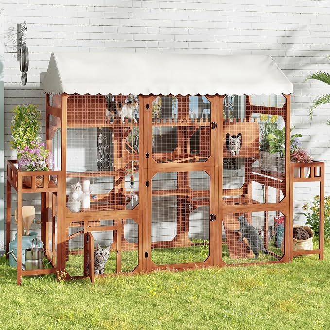Large Outdoor Cat Enclosure Wooden Catio with Multi-Level Play Platforms, Climbing Ramps, Resting Boxes, Pom-Pom Toys & 2 Plant Stands, Weather-Resistant Roof & Wire Mesh for Backyard Patio, Brown