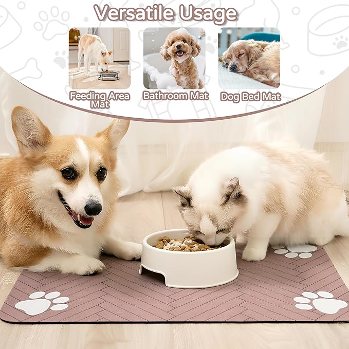 Pet Feeding Mat-Absorbent Dog Feeding Mat for Food and Water Bowl,No Stains Pet Placemat,Quick Drying Water Dispenser Mat for Dog and Cat,Easy to Clean Dog Accessories(M,Dark Brown White Paw)