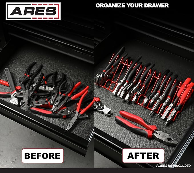 ARES 62004 2-Pc Black 10-Slot Plier Rack Set - Tool Drawer Organizer | 3/4-In Slots Fit Most Pliers; PVC Coating Prevents Slippage