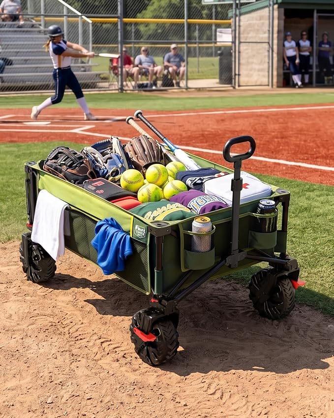 TIMBER RIDGE 600L Beast Wagon 26" W Extra Wide All Terrain Folding w/Big Wheels, Cargo Net & Tailgate, 400lbs Heavy Duty Portable Cart 54.5" L Large Collapsible Wagons for Camping, Sports, Dogs, Green