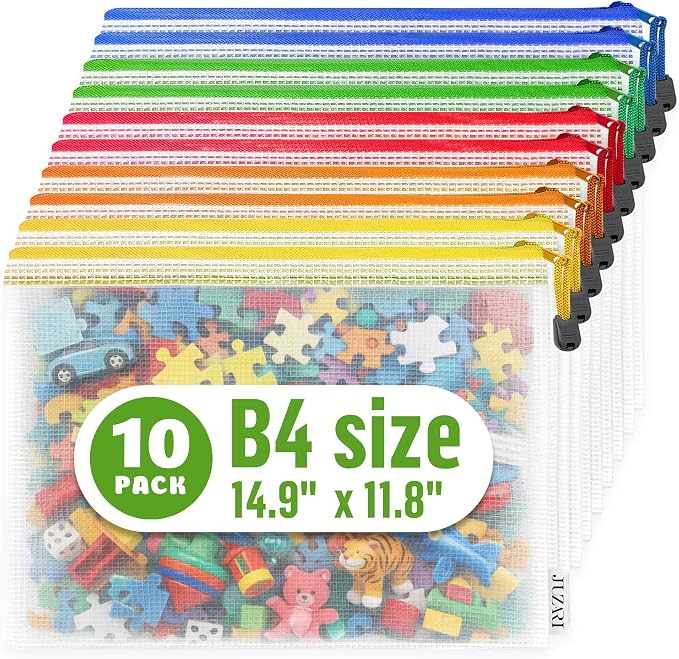 10 Pack Large Mesh Zipper Pouch B4 (12x15in) - Game Bags for Puzzle and Toy Storage Bags - Board Game Storage Zip Plastic Mesh Bags for Toys & Playroom Organization and Storage Zippered Pouches Folder