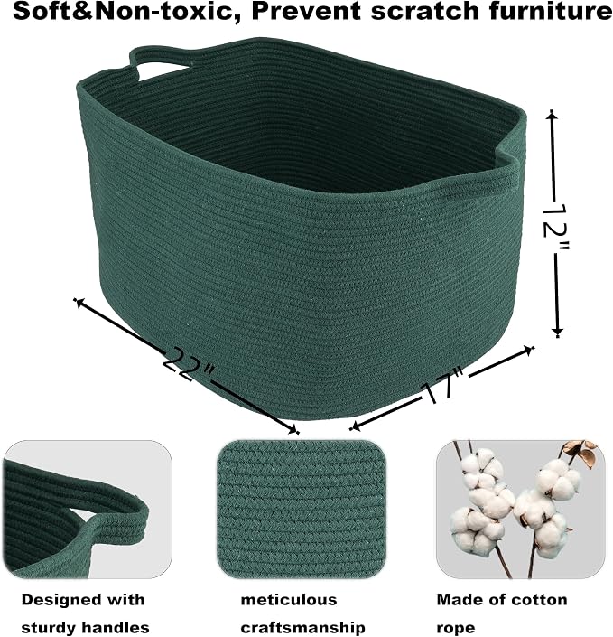 XUANGUO Large Woven Cotton Rope Blanket Basket 22"x17"x12" Dark Green | Storage basket for nursery and living room; toy basket for kids, dog toy storage, or laundry basket for clothes and towels.