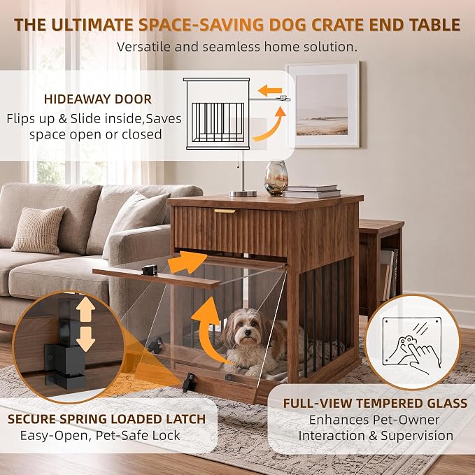 23.6" Small Dog Crate End Table with Charging Station, Dogs Kennel Furniture with Tempered Glass Door and Drawer, Wooden Decorative Dog Crates for Small Medium Dogs, Walnut
