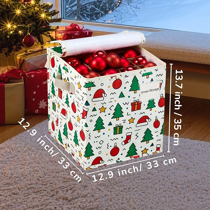 VENO 4 Pack Christmas Ornament Storage Box, Holiday Ornament Organizer with Adjustable Dividers, Sturdy Storage Containers for 64 Ornaments, Zippered Lid & Handles, 3" Cube (Jingle Mix)