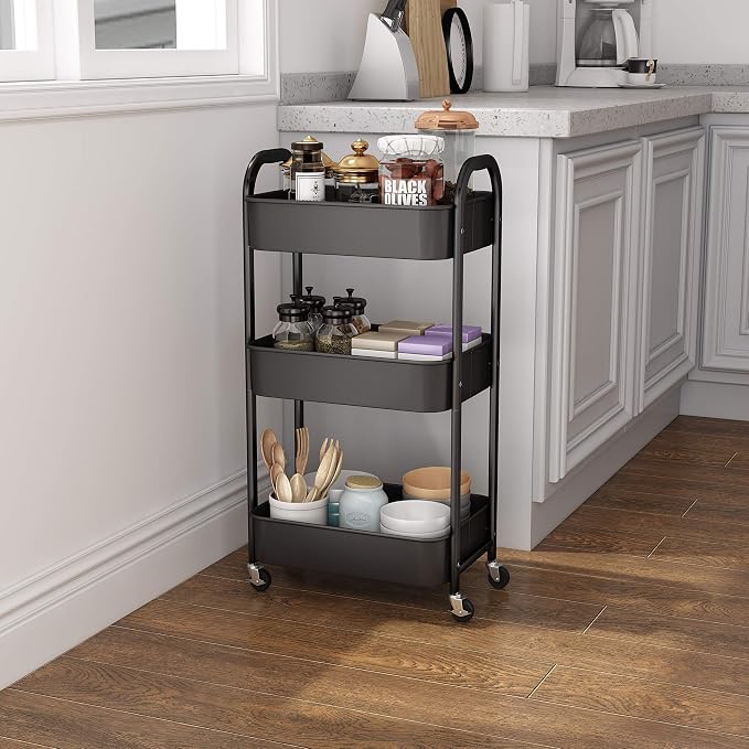 3-Tier Rolling Utility Cart with Caster Wheels Easy Assembly, Black | Easy Assembly, multi-purpose storage trolley for kitchen, rolling cart with smooth caster wheels for bathroom