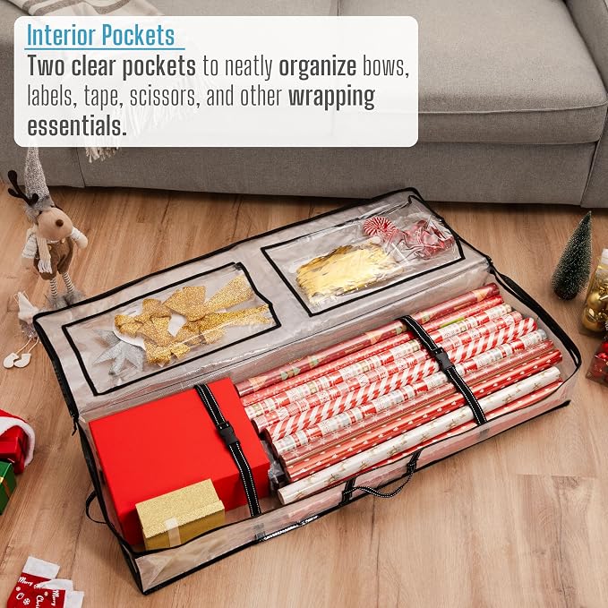 VENO 2 Pack Clear Wrapping Paper Organizer Storage Box for Christmas Gift Bags and Holiday Accessories, Underbed Storage Container with Interior Pockets, 40 Inches Long Fits 24 Rolls (2 Pack)