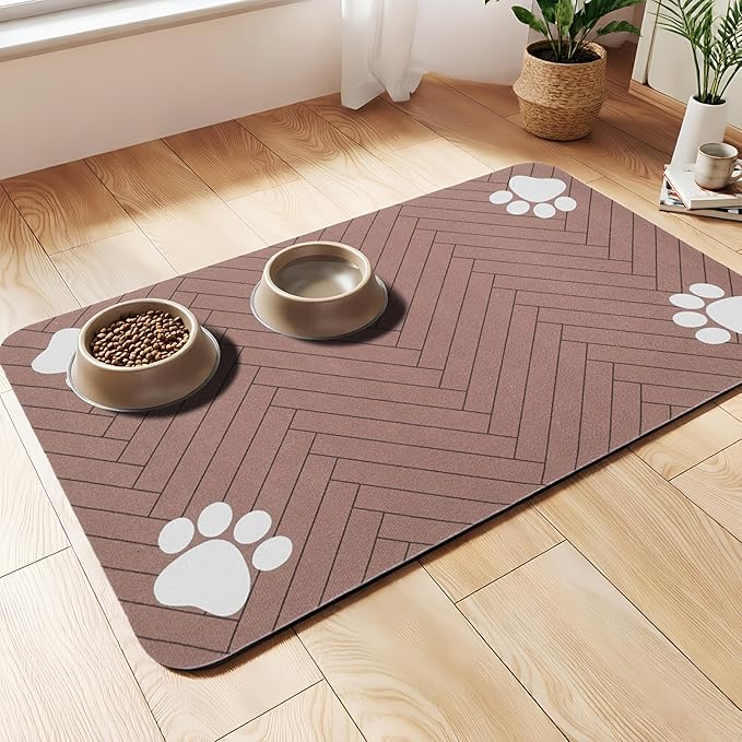 Pet Feeding Mat-Absorbent Dog Feeding Mat for Food and Water Bowl,No Stains Pet Placemat,Quick Drying Water Dispenser Mat for Dog and Cat,Easy to Clean Dog Accessories(M,Dark Brown White Paw)