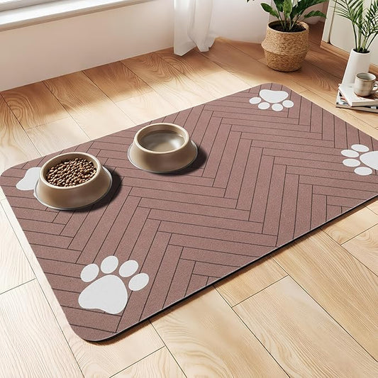 Pet Feeding Mat-Absorbent Dog Feeding Mat for Food and Water Bowl,No Stains Pet Placemat,Quick Drying Water Dispenser Mat for Dog and Cat,Easy to Clean Dog Accessories(S,Dark Brown White Paw)