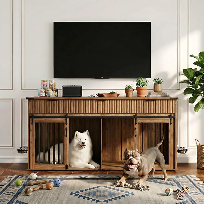 71'' Double Dog Crate Furniture, Large Dog Kennel Indoor with 360° Rotating Feeders and Removable Divider, XXL Wooden Dog Cage with Charging Station, Dog House TV Stand for Large Dog, Walnut