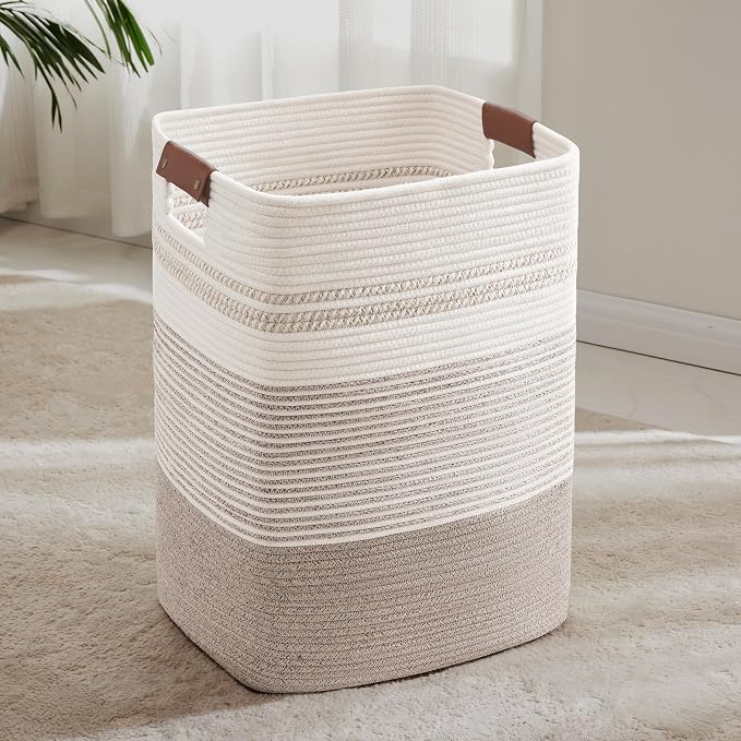 75L Tall Woven Laundry Basket Hamper with Leather Handles,Brown | collapsible wicker hamper, storage for dirty clothes, toys, blankets, gifts, living room, bedroom, bathroom, 16"x13"x22"