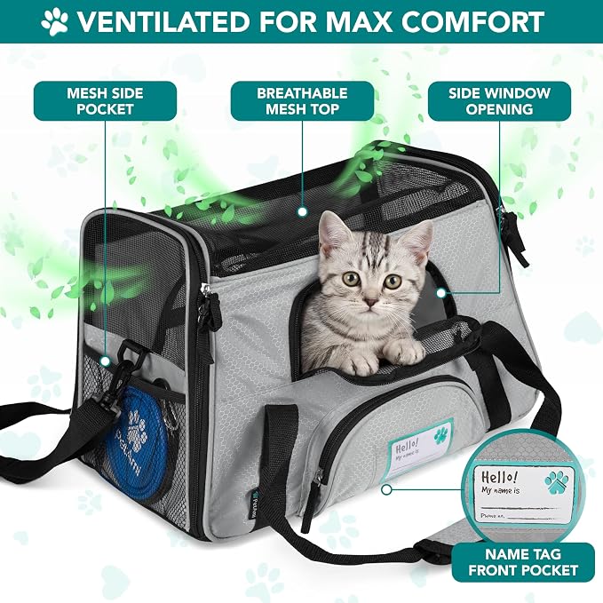 PetAmi Airline Approved Pet Carrier for Cats & Small Dogs, Large Light Gray | Soft Sided TSA Travel Bag, Sherpa Bed, Breathable Mesh Ventilation, Collapsible Bowl, Fits Under Seat, Up to 18 lbs