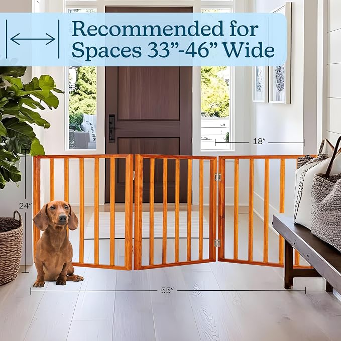 Pet Gate - 3-Panel Indoor Foldable Dog Fence for Stairs or Doorways - 54x24-Inch Retractable Wood Freestanding Dog Gates by PETMAKER (Mahogany) | Foldable Dog Fence with Accordion Design, Wooden Safety Pet Fence for Stairs, Hallways, Doorways, and Porch