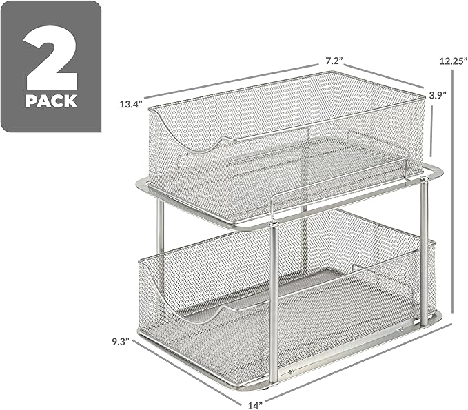 Sorbus Pull-Out Under Sink Organizer, Mesh Construction (Silver, 2 Pack) | Two-tier metal organization with strong steel and sliding drawers for bathrooms, kitchens, cabinets, closets and pantries.