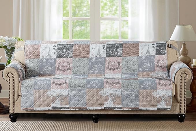 Brilliant Sunshine Latte Grey Paris & Toile Patchwork Couch Cover, 78" seat | Quilted Sofa Cover, Living Room & Bedroom Furniture Protector, Extra Large Washable Slipcover for Pets, Dogs & Cats