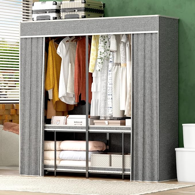 Umeiga Heavy Duty Portable Closet with Cover 1200Ibs Foldable Covered Clothes Rack for Hanging Armoire Wardrobe Closet System Freestanding Coat Storage Garment Racks 71" W x 71" H x 20" D