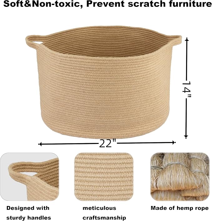 XUANGUO Extra Large Jute Rope Round Storage Basket 22" x 12" | Woven basket for blankets, toys, towels, laundry, nursery, living room and pet toy storage.