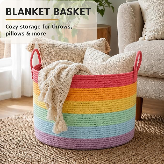 XUANGUO 66L Large Blanket Basket, Round Cotton Rope Basket, Rainbow | 20" x 13" Laundry Basket with Sturdy Handles for Blankets, Pillows and Toys; Storage for Living Room, Bedroom and Nursery