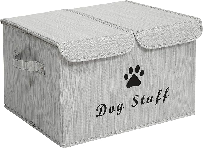 Large Dog Toys Storage Box Canvas Storage Basket Bin Organizer with Lid - Collapsible Linen Bin Ideal for Organizing Dog Cat Toys and pet Stuff-PP Boad-17" x 12" x 10" - Slub Gray