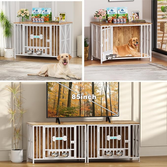 Easycom Foldable Large Dog Crate Furniture, 41.3" Assembly-Free Dog Crates for Large Dogs, Decorative Wooden Dog Kennel Indoor with Tag & Dog Bowls, Dog Cage Use as TV Stand, White & Beech | Foldable Large Dog Crate Furniture for Large Dogs, Wooden Dog...