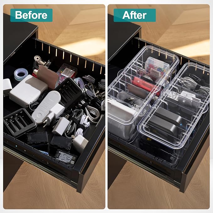 Cord Organizer Box 2 Pack – Clear Cable Organizer with Adjustable Dividers, Fits Up to 10ft Cables, Cord Storage Organizer for Chargers & Tech Accessories – Includes 16 Velcro Ties