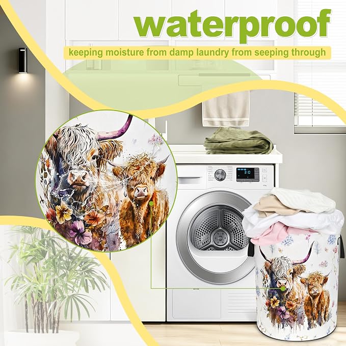 Highland Cow Laundry Basket Foldable Waterproof Cattle Hamper 18.9x16.5 In | Oxford Cloth With Reinforced Handles Lining Design Large-Capacity Storage For Bathrooms/Laundry Rooms/ Living Rooms/Bedrooms