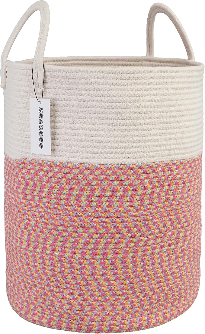 XUANGUO Cotton Rope Laundry Basket Hamper for Clothes Large | Woven Storage Basket for Living Room Bedroom Boho Tall Rope Baskets for Blanket Toys Pillow Towels Baby Nursery Hamper Bin