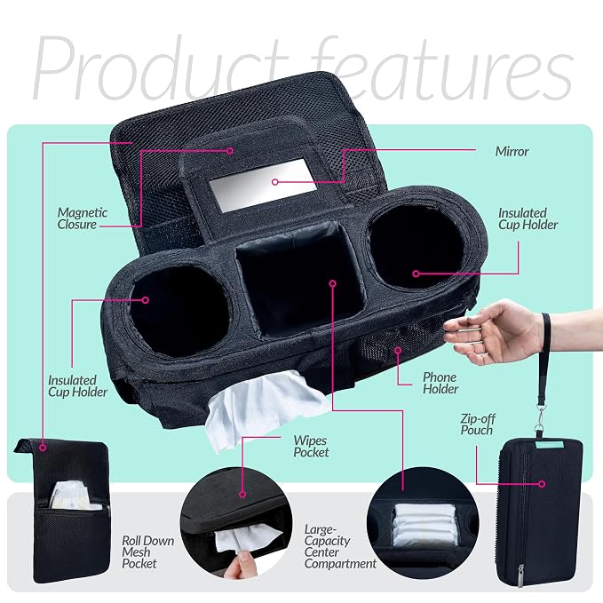 Swanoo Stroller Caddy Organizer, Cup Holder, Wipes Pocket, Non-Slip, Black