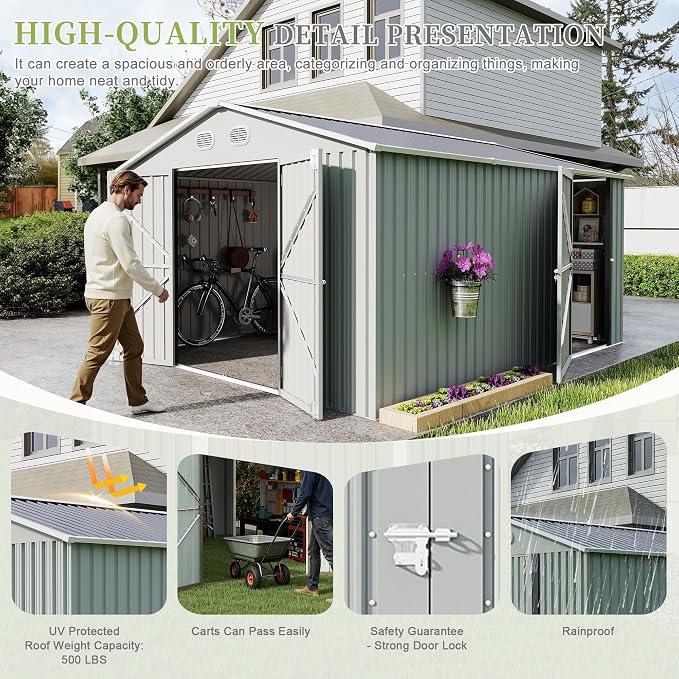 10x12 FT Metal Storage Shed, Large Storage Shed with Lockable Doors and Sloped Roof, Outdoor Tool Shed with Ample Ventilation for Garden, Lawn, Backyard, White