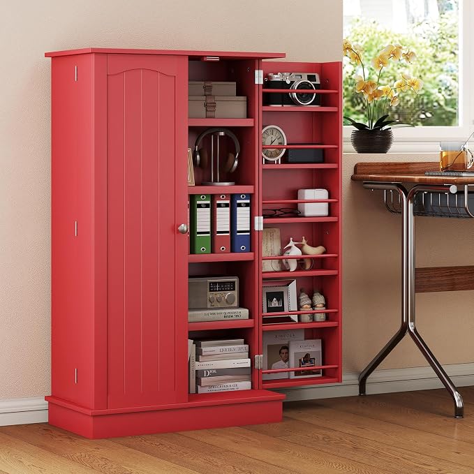 HOMCOM 41" Kitchen Pantry Storage Cabinet 12 Door Shelves Double Doors Red | Freestanding Kitchen Cabinet, 2 Doors, 5-Tier Shelving, Adjustable Shelves