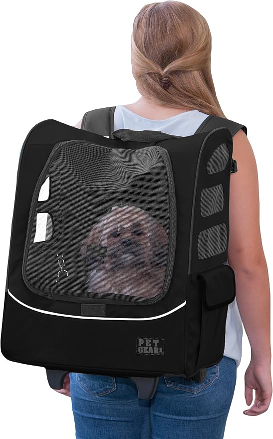 Pet Gear I-GO2 Roller Backpack, Large/X-Large Traveler Plus, Onyx | Travel Carrier, Car Seat for Cats/Dogs, Mesh Ventilation, Telescoping Handle, Storage Pouch, Included Tether