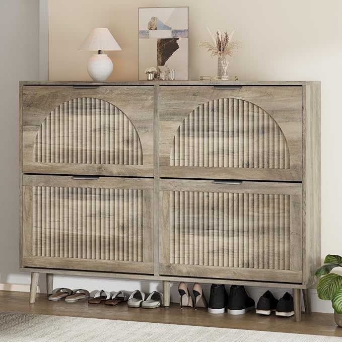 Shoe Storage Cabinet with 4 Flip Drawers, Narrow Wood Shoe Organizer Cabinet with Fluted Panel, Slim Shoe Rack for Entryway, Freestanding Shoe Cabinet for Living Room, Hallway, Grey