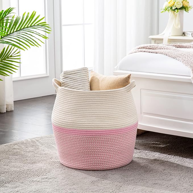 KAKAMAY Woven Baskets for Storage(17"x17"),Large Cotton Rope Woven Baby Laundry Hamper,Collapsible Laundry Basket, Blanket Basket for Organizing Living Room,Nursery,Pillows,Toy Chest(Pink)